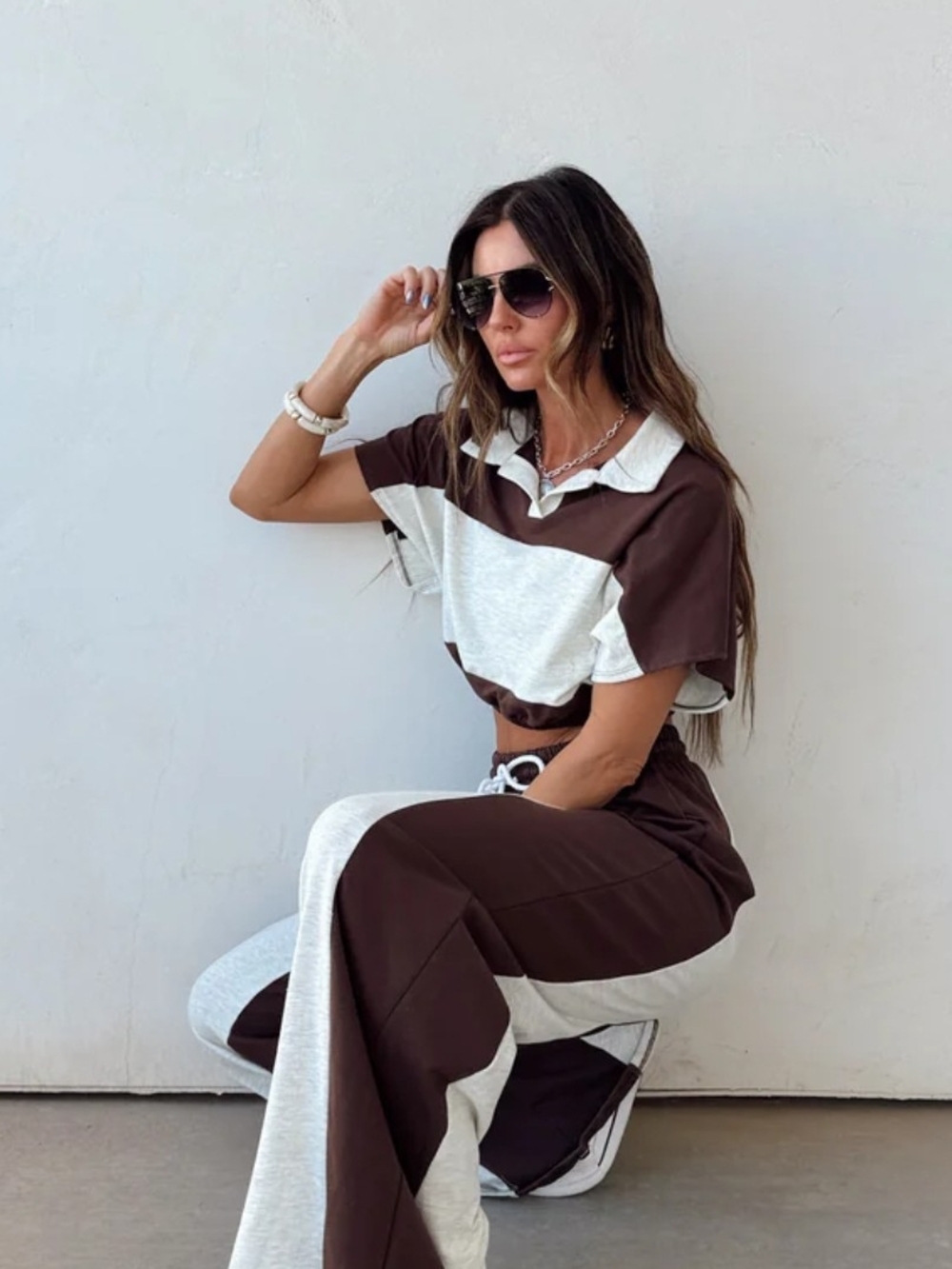WinWin Brown & Cream Wide-Leg Colorblock Pants Size Large